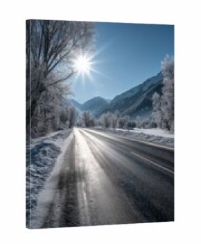 Bright Winter Sun Over a Snowy Mountain Road on a Clear Day