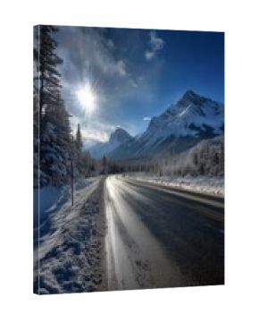 Snow-covered Road Surrounded by Tall Trees and Mountains on a Sunny Winter Day