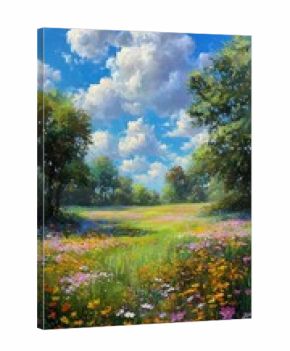 Vibrant Landscape Filled With Wildflowers Under a Bright Blue Sky and Fluffy White Clouds