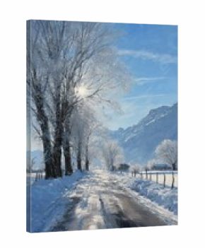 Snow-covered Road Surrounded by Tall Trees and Mountains on a Sunny Winter Day