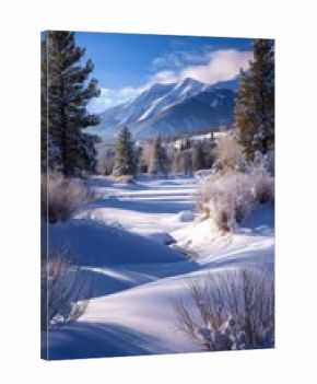 Snowy Mountain Landscape With Tall Trees and Blue Skies During Winter Morning