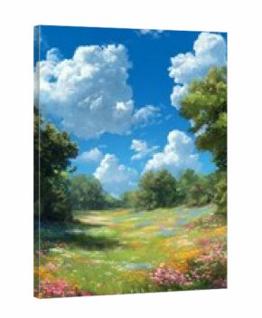Open Flower Field Under a Bright Blue Sky With Fluffy Clouds During a Sunny Day