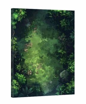 Aerial view of a lush forest clearing, with varied green vegetation and scattered rocks along a winding path