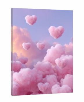 Pink heart-shaped clouds in a pastel sky at sunset