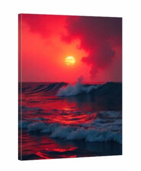 Fiery sunset over the ocean waves dramatic red sky reflecting on the water creating a powerful and intense seascape