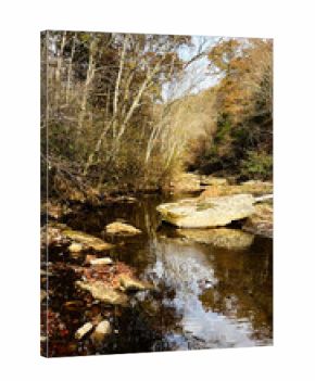 Tranquil autumn creek in southern Illinois with rocks, reflections, and bare trees along the bank