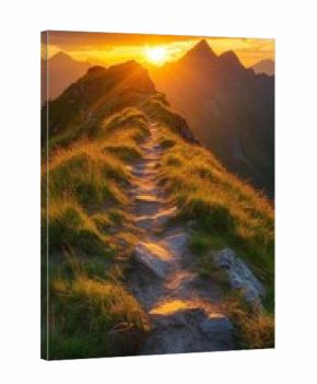 A path stretching towards the horizon, illuminated by the sunrise over the mountain peaks, will serve as an inspiring backdrop for motivational posters or sports brands.