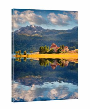 Sunny summer morning on Sils lake