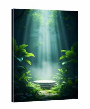 Mystical forest clearing with sunbeams illuminating a stone pedestal