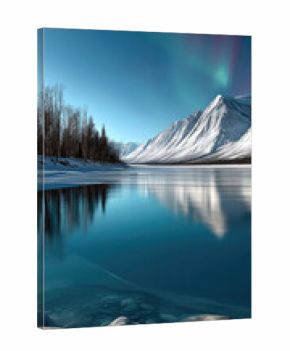 Snowy mountain frozen lake northern lights clear sky winter landscape tranquil reflection serene nature wilderness
