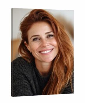 portrait of smiling mature woman looking at camera with big grin successful middle aged woman at home smiling beautiful mid adult lady with long red hair enjoying whitening teeth treatment no logos n