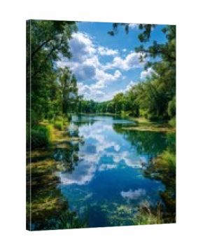 Scenic River Landscape With Lush Greenery and Bright Blue Skies Near Tropical Mountains