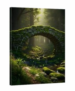 Enchanted mossy stone arch bridge spanning a tranquil forest stream with sun rays and glowing lights.