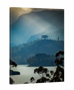 Panorama of the tea plantations and lake at sunset, Maskeliya, Sri Lanka
