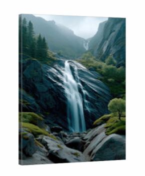 Majestic waterfall cascades down rocky mountain surrounded by lush green trees and misty atmosphere, evoking tranquility and awe