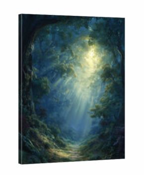 Mysterious ancient forest path illuminated by dramatic ethereal sunbeams from above