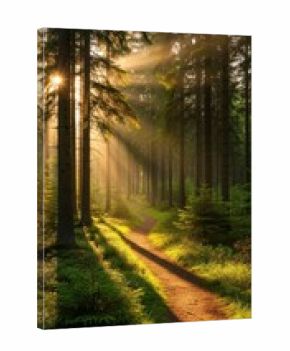 Sunbeams illuminate forest path at sunrise