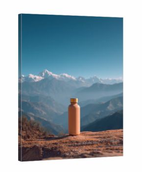 Breathtaking mountain view featuring a water bottle amidst nature's beauty