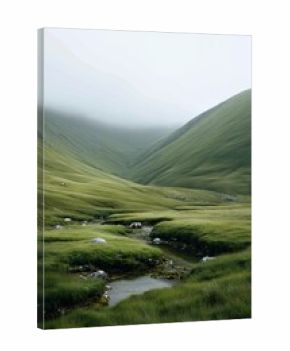 Rolling green Irish hills covered in low mist with bog pools reflecting the pale sky create a calm and timeless landscape.
