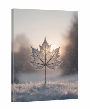 Beautiful winter background with a leaf covered with hoarfrost in nature in the snow. foggy sunrise