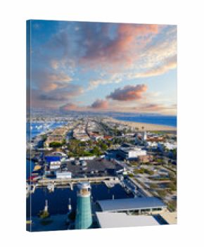 Aerial shot along the coastline and Newport Bay at Marina Park in Newport Beach California USA