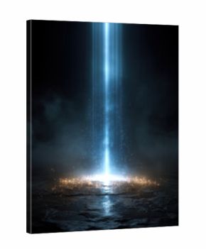 Vertical soft blue light beam with glowing particles on dark background
