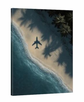 Shadow of Airplane Over Tropical Beach with Palm Shadows