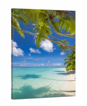 Tropical summer island beach landscape. Beautiful peaceful nature scene with turquoise ocean sunny sky and white sandy shore. Tranquil vacation wallpaper background. Idyllic travel holiday destination