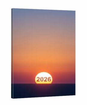 2026 New Year sunrise concept with glowing sun and “2026” text on horizon over calm ocean, colorful gradient sky, minimal holiday background with copy space