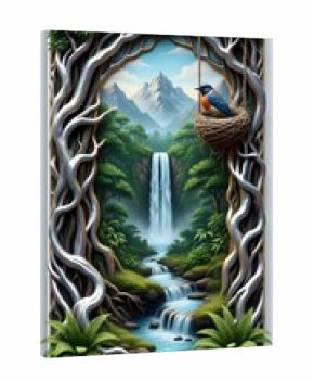 Waterfall in the forest and a bird in nest 