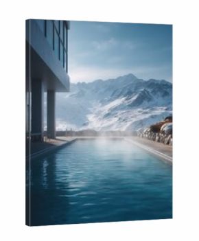 Experiencing luxurious mountaintop relaxation with an inviting steaming infinity pool overlooking vast snow covered landscapes and towering winter mountains