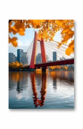 Red Bridge Reflection in Autumn Leaves - Rotterdam's Willemsbrug.