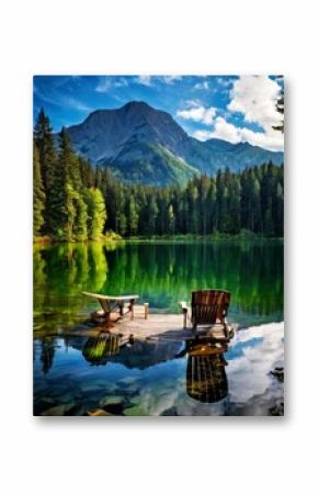 A serene mountain lake with crystal-clear water reflecting the surrounding forest and mountain. A wooden dock with two chairs invites relaxation and contemplation in this peaceful natural setting.