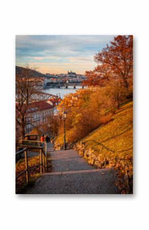 city prague river bridge europe night castle architecture sunset church water town travel tower reflection building czech old panorama winter skyline cathedral sunset light Fog,dawn, autumn sunrise