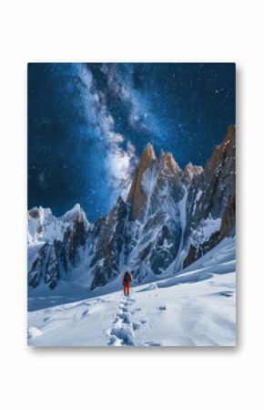 A night sky photo of the Milky Way over snow-covered mountains, with an ice climber in orange gear