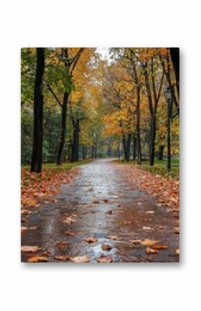 A mesmerizing tree-lined path glistens from rain, with leaves scattered on the ground, drawing the viewer into the heart of a tranquil autumn day in the park.