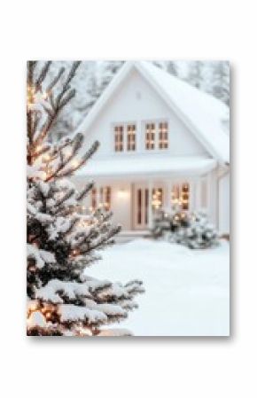 A charming house features glowing garlands on its eaves, surrounded by a blanket of snow in a serene winter setting