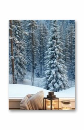 A warm, inviting windowsill features a glowing lantern, a blanket, and a pillow, perfect for enjoying a peaceful winter forest view