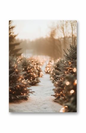 Winter landscape of a Christmas tree farm with rows of beautiful fir trees