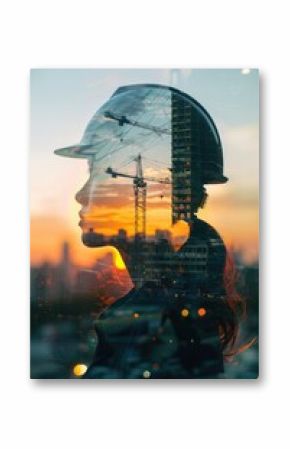 Woman in hard hat at construction site with equipment and buildings