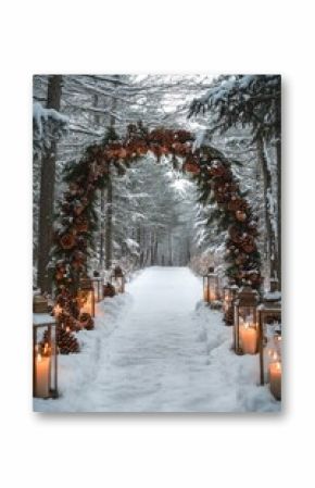 Beautiful winter wedding pathway adorned with pinecones and lanterns in a snowy forest