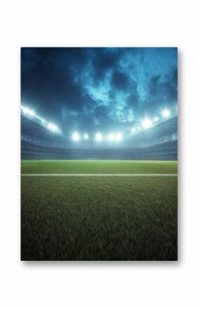 Bright stadium lights illuminate the empty soccer field during a nighttime event