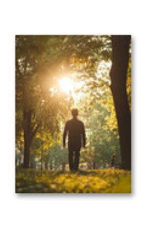 A man walks through a park towards the sunset, backlit by the golden light.