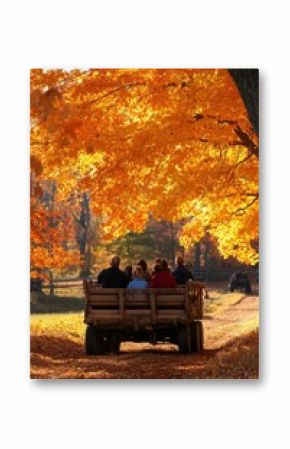 Family Autumn Hayride on Farm Under Vibrant Foliage at Sunset - Perfect for Thanksgiving and Halloween