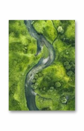 A green river with trees and grass on either side. The river is winding and he is a peaceful place