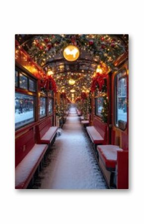 A train with red seats and a Christmas tree decoration