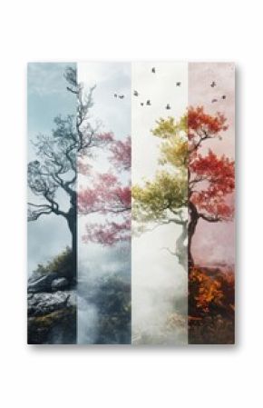 A visual journey through the four seasons showcasing trees in lush landscapes amidst misty atmospheres at dawn