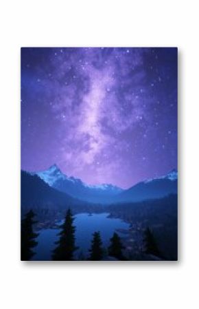 Serene night landscape with mountains, lake, and starry sky.