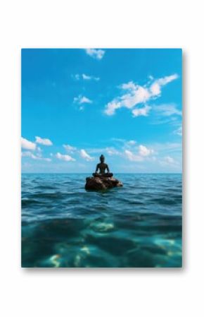 A tranquil figure meditates on a rock amidst calm ocean waters, reflecting a deep sense of peace and harmony with nature under a clear blue sky.