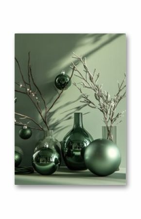 Green shiny christmas baubles, balls in front of vases with branches on table. Wall in pale green sage color. Copy space for seasonal celebration of holidays, new, year.